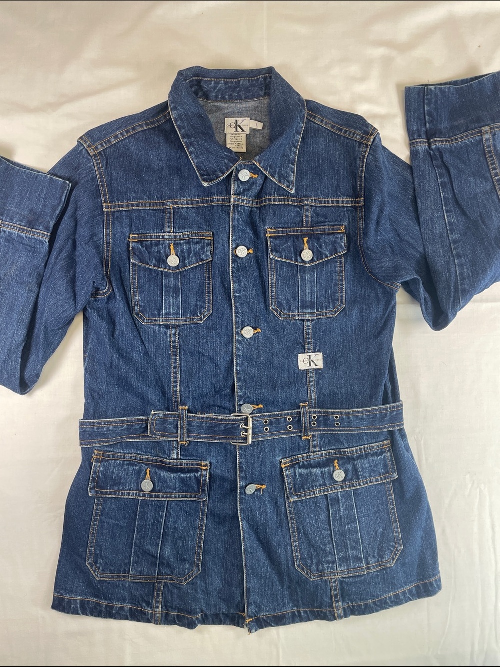 Vintage Calvin Klein Dark Blue Denim Jacket Belted Waist Kate Moss 90s Classic L